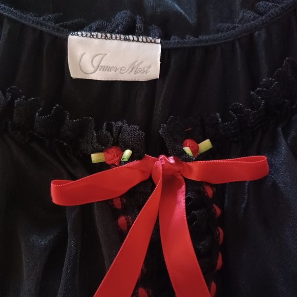 INNER MOST VINTAGE Black Red Ribbon Trim Cap Sleeves Babydoll Robe_Size Medium - Picture 9 of 10